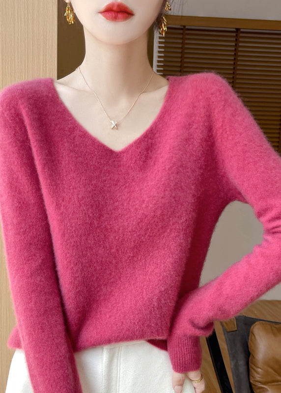 French Rose V Neck Cozy Woolen Versatile Sweater Winter