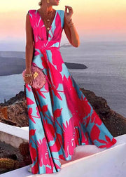 French Rose V Neck Patchwork Chiffon Long Dress Sleeveless