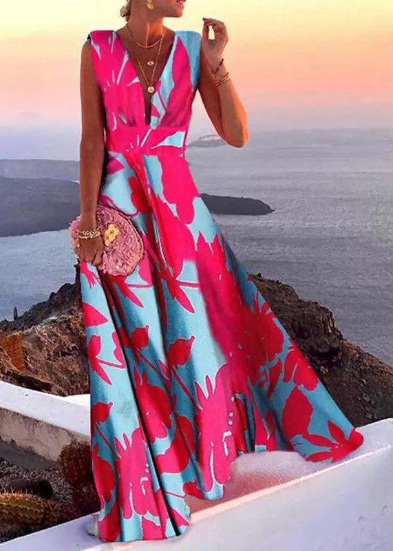 French Rose V Neck Patchwork Chiffon Long Dress Sleeveless