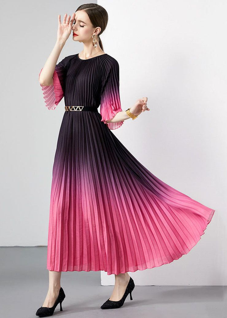 French Rose Wrinkled Sashes Patchwork Chiffon Long Dresses Flare Sleeve