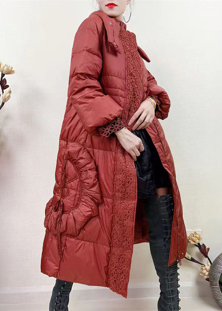 French Rose Zippered Lace Patchwork Duck Down Long Coat Winter