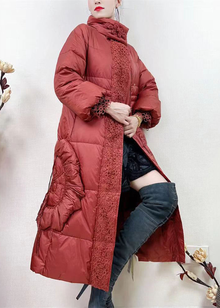 French Rose Zippered Lace Patchwork Duck Down Long Coat Winter