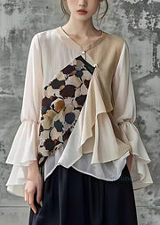 French Ruffled V Neck Print Chiffon Shirt Fall