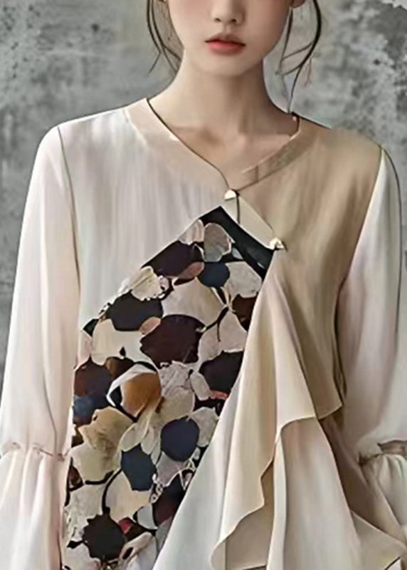 French Ruffled V Neck Print Chiffon Shirt Fall