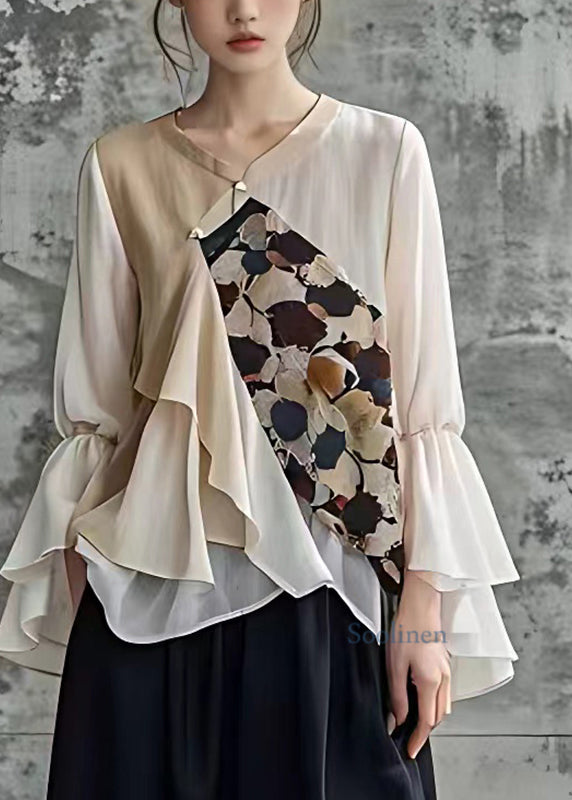 French Ruffled V Neck Print Chiffon Shirt Fall