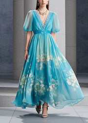 French Sea Blue Print Exra Large Hem Chiffon Long Dresses Summer