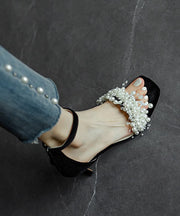French Sexy Black Buckle Strap High Heel Sandals Nail Bead