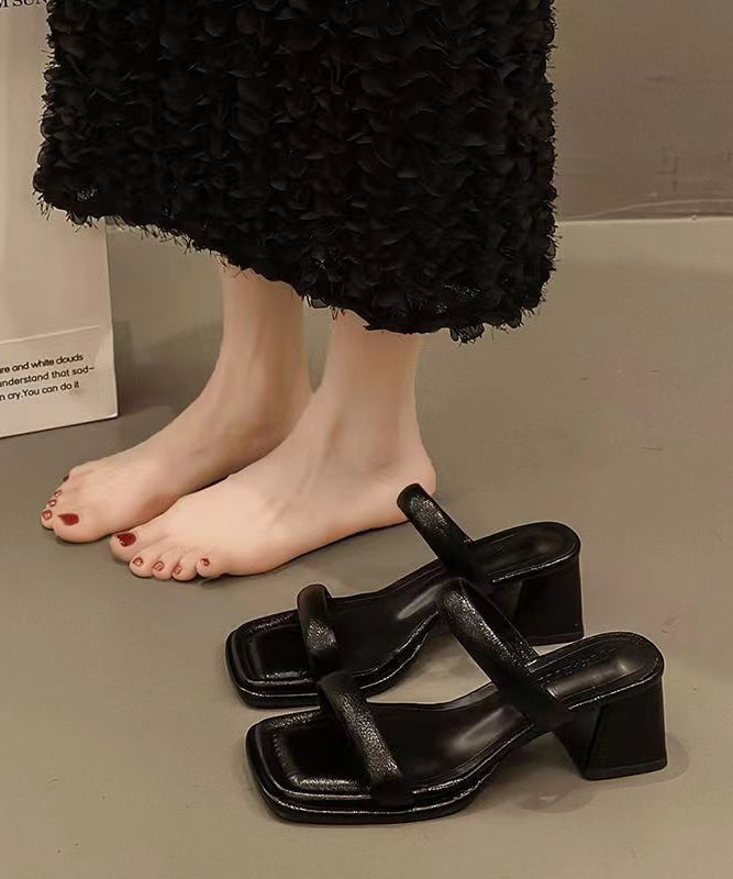 French Silver Chunky Heel Slide Sandals Peep Toe