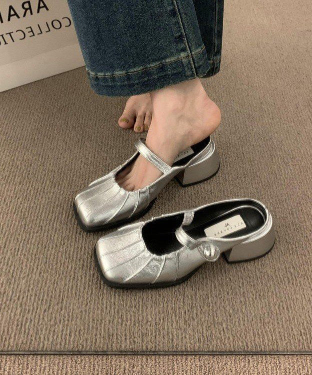 French Silver Pleats Chunky Faux Leather Slide Sandals