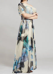French Sky Blue Asymmetrical Print Chiffon Long Dresses Summer