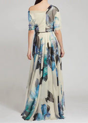 French Sky Blue Asymmetrical Print Chiffon Long Dresses Summer