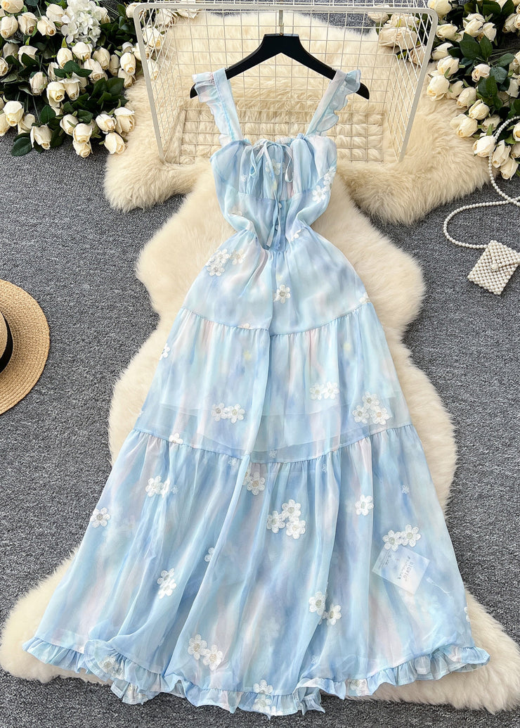 French Sky Blue Embroidered Chiffon Sundress Summer