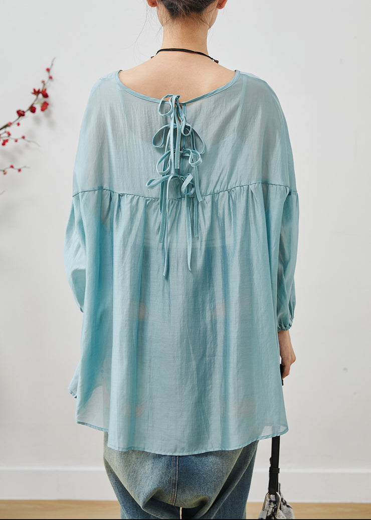 French Sky Blue Oversized Bow Cotton Blouse Top Summer