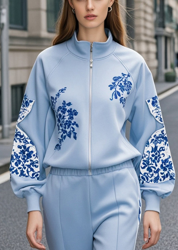 French Sky Blue Print Patchwork Cotton Sweatshirt Fall