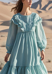 French Sky Blue Ruffled Exra Large Hem Cotton Maxi Dresses Fall