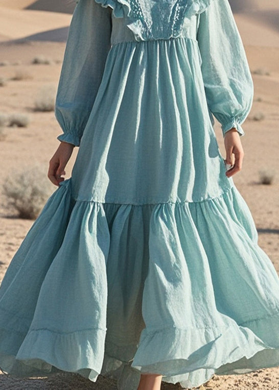 French Sky Blue Ruffled Exra Large Hem Cotton Maxi Dresses Spring