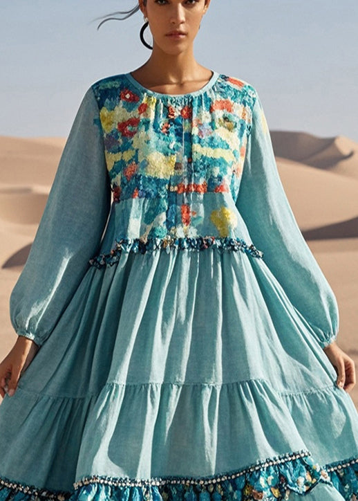 French Sky Blue Ruffled Print Cotton Long Dress Spring