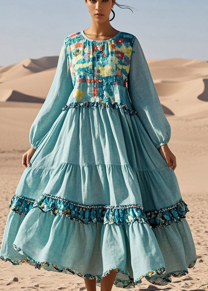 French Sky Blue Ruffled Print Cotton Long Dress Spring