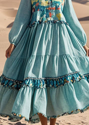 French Sky Blue Ruffled Print Cotton Long Dress Spring