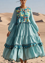 French Sky Blue Ruffled Print Cotton Long Dress Fall