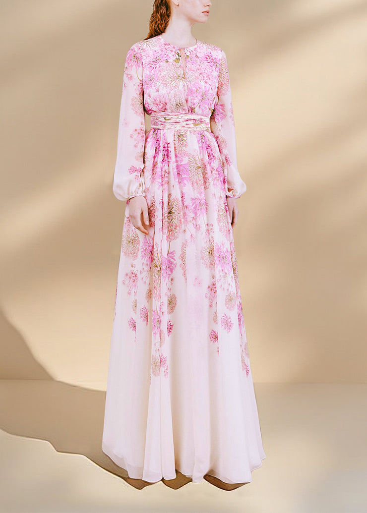 French Slim Fit Pink O Neck Patchwork Silk Long Dresses Spring