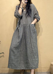 French Small Plaid V Neck Linen Long Dresses Fall