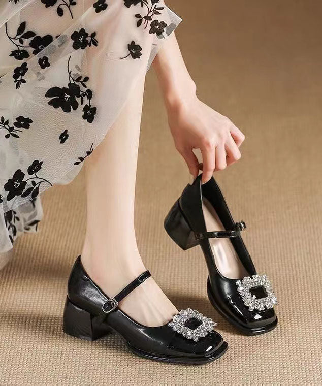 French Splicing Buckle Strap Zircon Chunky Heel Black Faux Leather