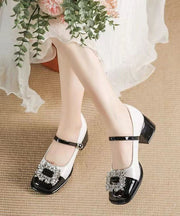 French Splicing Buckle Strap Zircon Chunky Heel Black Faux Leather