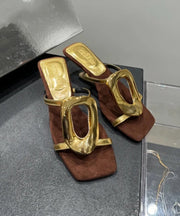 French Splicing Wedge Heels Gold Faux Leather Slide Sandals