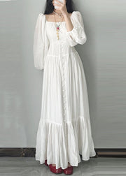 French Square Neck Bubble Sleeve White Vacation Dress