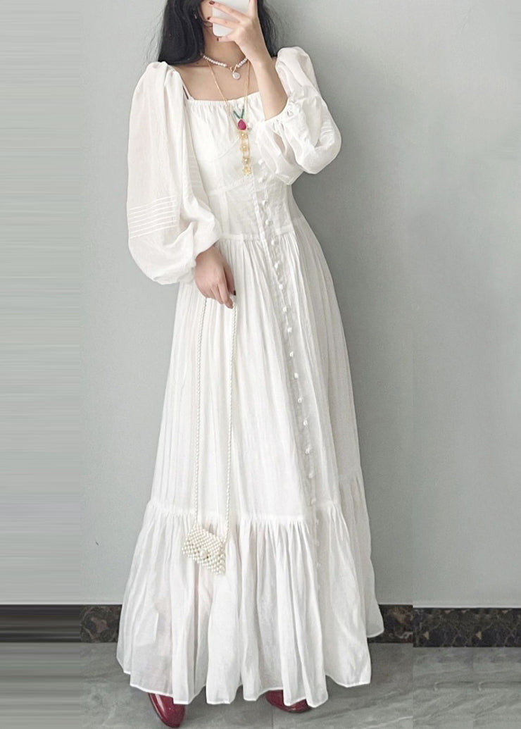 French Square Neck Bubble Sleeve White Vacation Dress