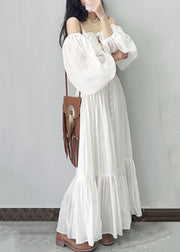 French Square Neck Bubble Sleeve White Vacation Dress