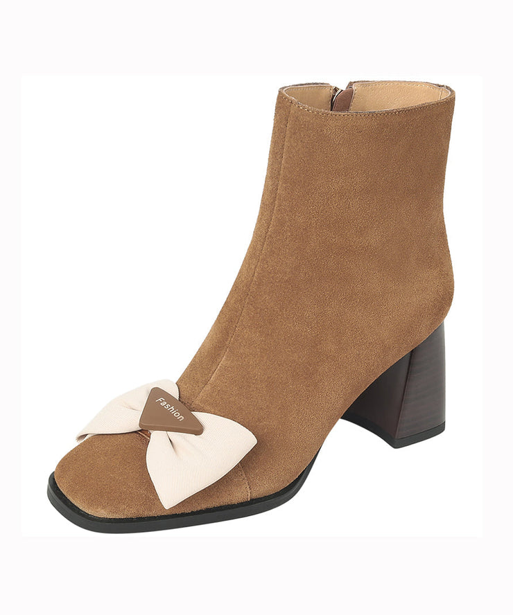 French Square Toe Thick Heel Bow Splicing Brown Suede Boots