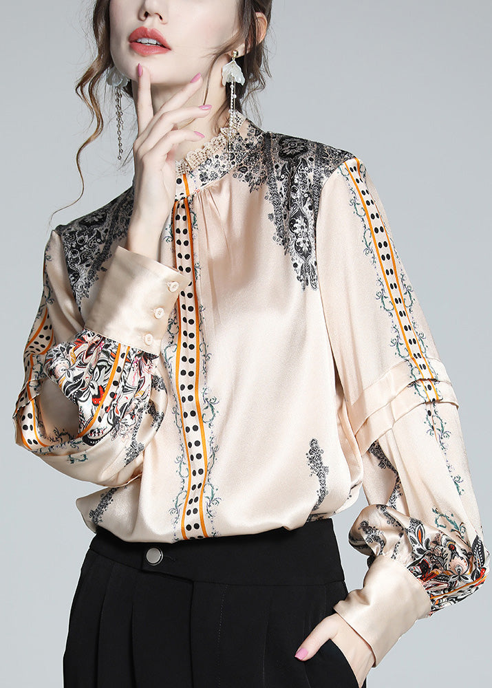 French Stand Collar Print Lace Patchwork Silk Shirt Spring