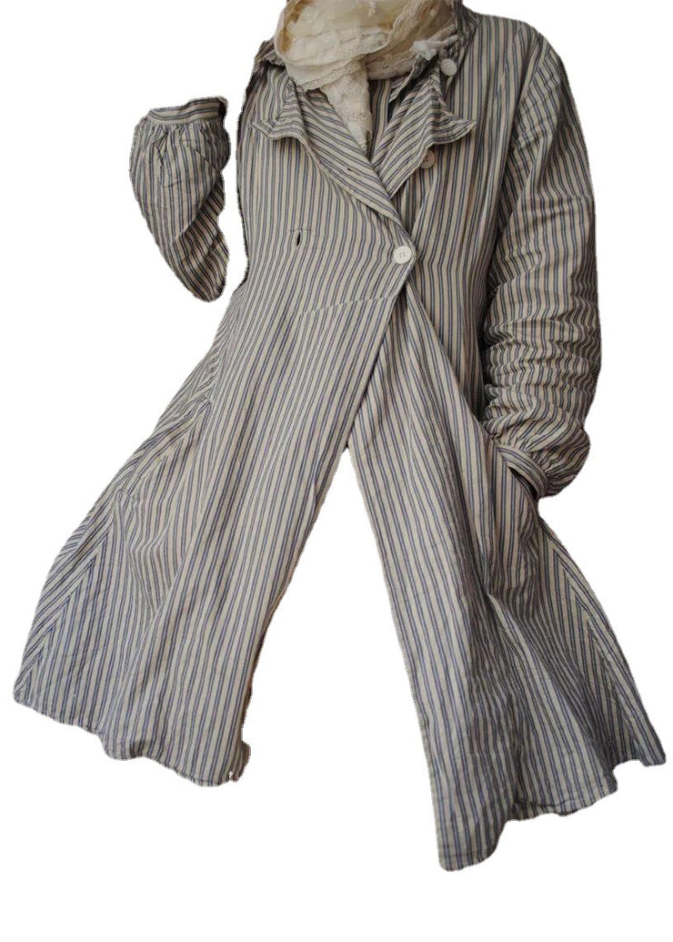 French Striped Button Pockets Cotton Coats Long Sleeve