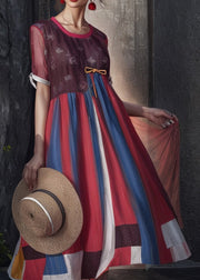 French Striped O Neck Patchwork Silk Dress Summer