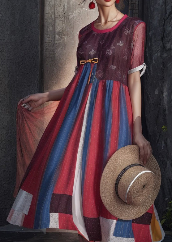 French Striped O Neck Patchwork Silk Dress Summer