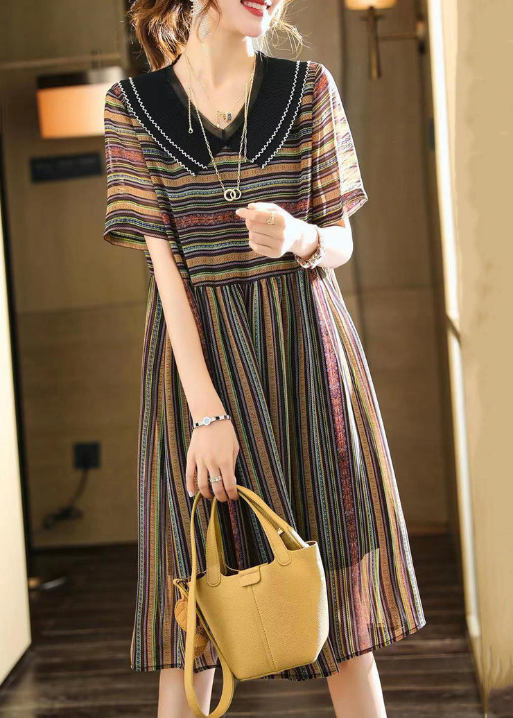 French Striped Peter Pan Collar Patchwork Chiffon Dress Summer