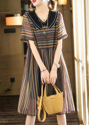 French Striped Peter Pan Collar Patchwork Chiffon Dress Summer