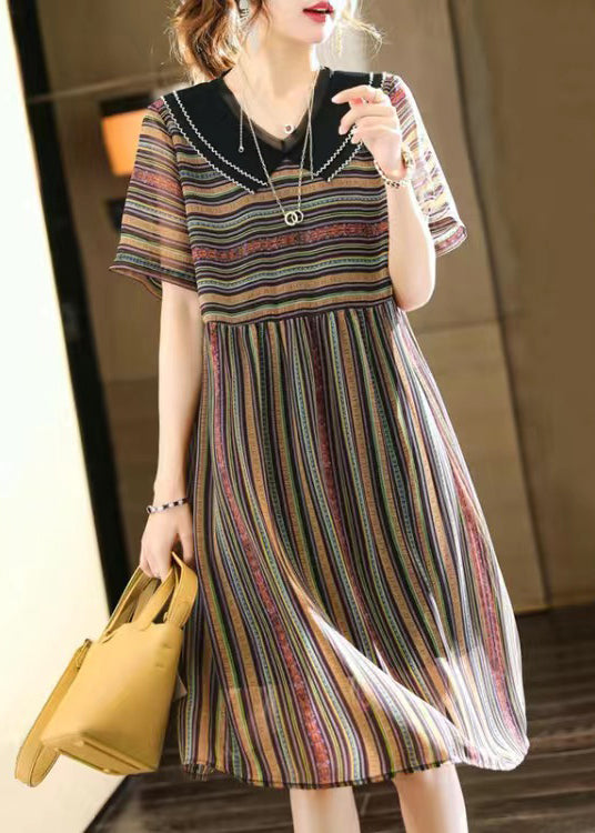 French Striped Peter Pan Collar Patchwork Chiffon Dress Summer