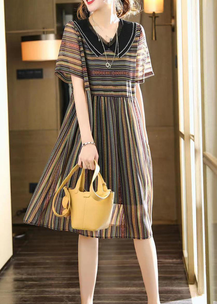 French Striped Peter Pan Collar Patchwork Chiffon Dress Summer