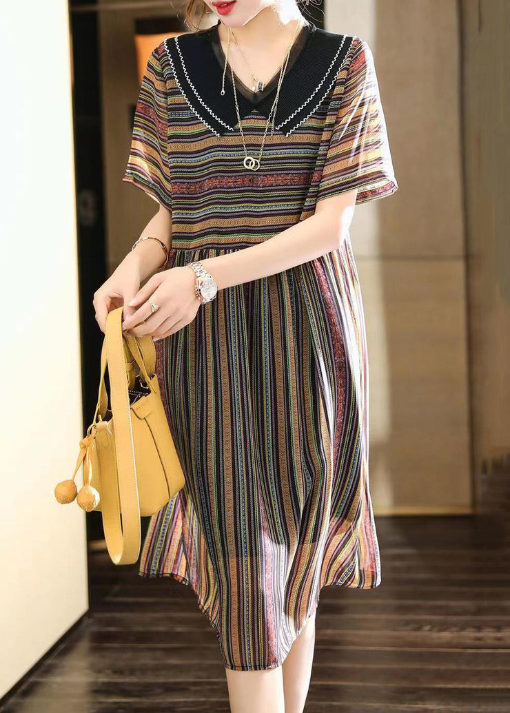 French Striped Peter Pan Collar Patchwork Chiffon Dress Summer