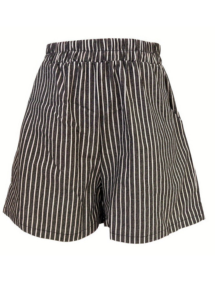 French Striped Pockets Elastic Waist Cotton Shorts Summer