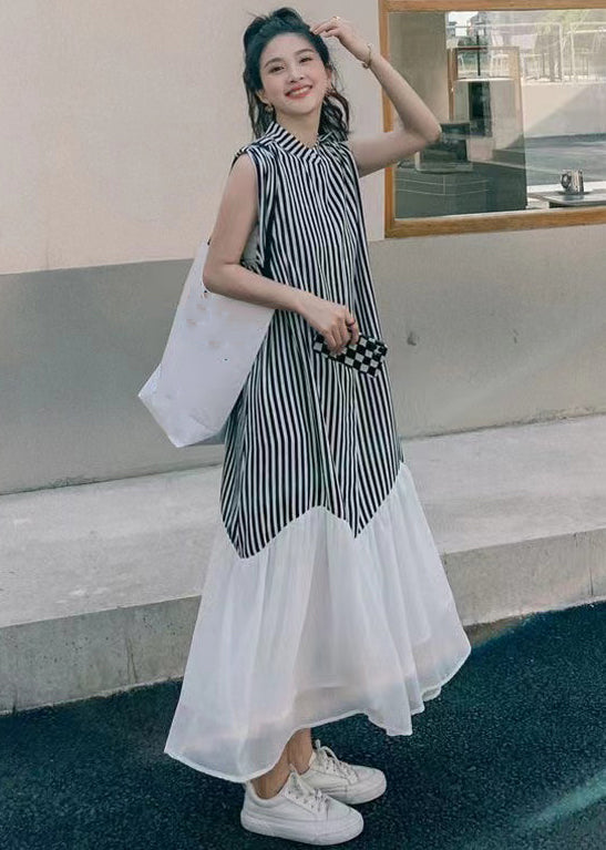 French Striped Stand Collar Patchwork Chiffon Dresses Sleeveless