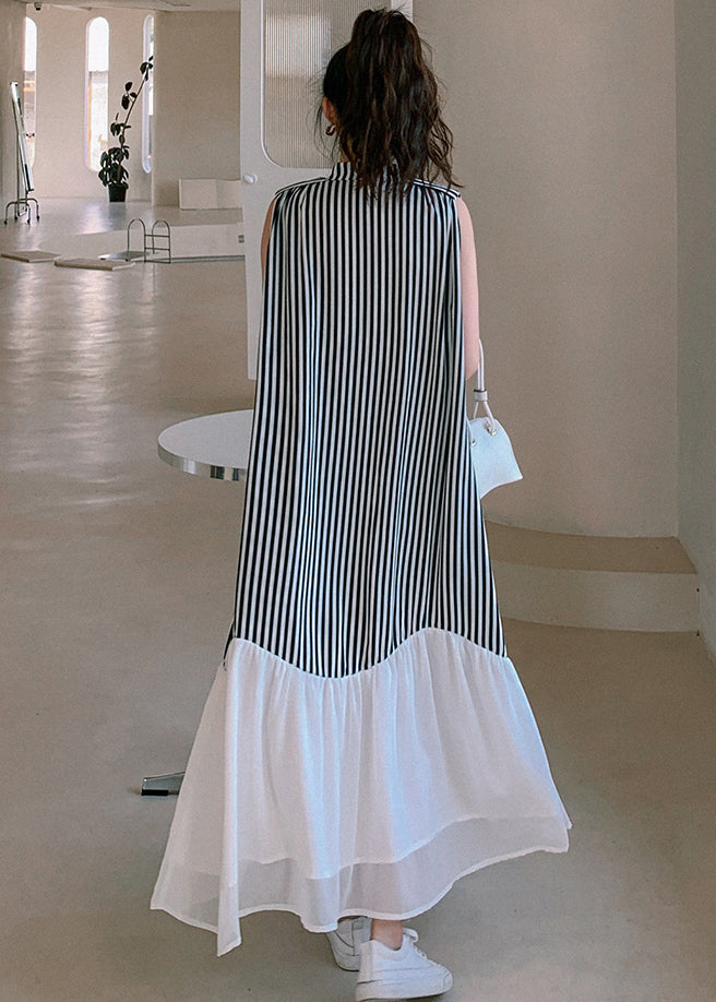 French Striped Stand Collar Patchwork Chiffon Dresses Sleeveless