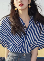 French Striped V Neck Patchwork Cotton Shirt Summer