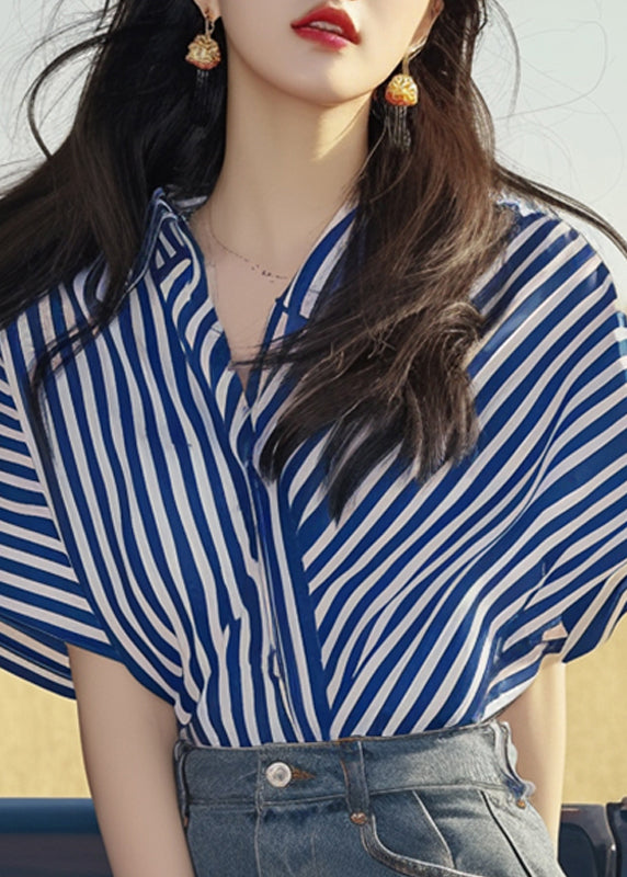 French Striped V Neck Patchwork Cotton Shirt Summer