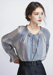 French Style Blue Ruffled Patchwork Cotton Blouses Fall