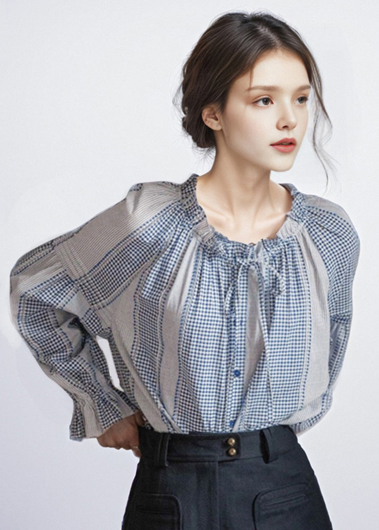 French Style Blue Ruffled Patchwork Cotton Blouses Fall