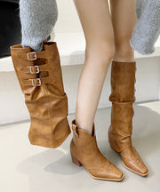 French Style Brown Chunky Heels Boots Belt Buckle